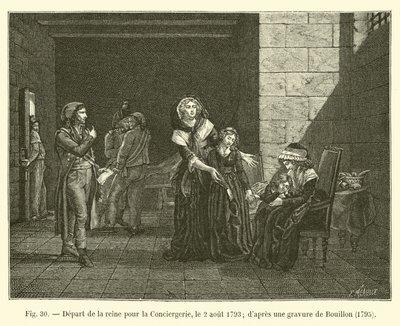 1793年8月2日、女王のコンシェルジュリーへの出発。ブイヨンの彫刻後、1795年 作： French School