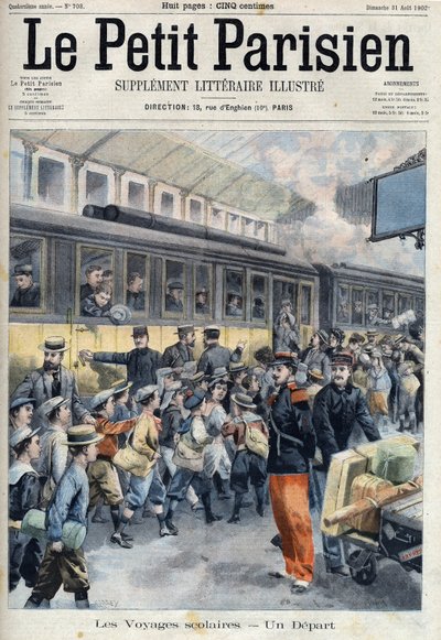 修学旅行で駅に出発。子供たちが列車に乗り込む、" Le petit Parisien "では 作： French School