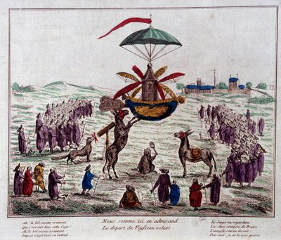 ジャン＝ピエール・ブランシャール（1753-1809）が想像した飛行機械に乗って、風刺飛行船を出発させる：ロバ、サル、盲人が、6枚の翼と舵を備えた奇妙な機械を見ている。18世紀末のエングレーヴィング。パリ、カーネギー美術館 作： French School