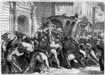 国王フェルディナンド7世のバイヨンヌへの出発 1808年（バイヨンヌの退位） - バイヨンヌの会見に向けて出発（1808年） - スペインのヴィットリアの人々は、フェルディナンド7世のバイヨンヌへの出発を阻止したいと考えている - 「H.I.以降の帝国の歴史」にて。 作： French School
