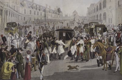 1814年4月20日、フォンテーヌブローからナポレオンを出発 作： French School