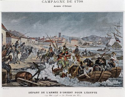 オリエント軍のエジプトへの出発-『Victoires et Conquêtes des Armees Francaises』（パリ、n.d.）に掲載。 作： French School