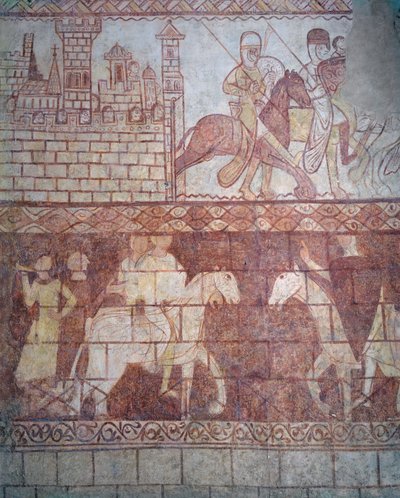 ボケの戦いに向けて、1163年にシリアのクラックデシュバリエの城からクルセイダーテンプル騎士団が出発しました。 作： French School