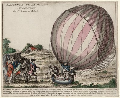 Srs.Aerostatic Machineの下降。チャールズとロバート、パブ1783年（手彩色のエングレービング 作： French School