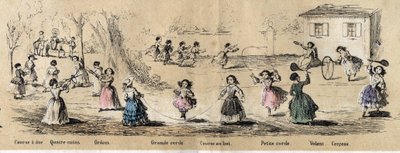 子供の趣味やゲームの説明：女の子のゲーム、四つ角のゲーム、縄跳び、ゴールを目指して走ること、フープ、ステアリングホイール。ジュール・デルブリュックが描いた "子供の遊び "の図版。 作： French School