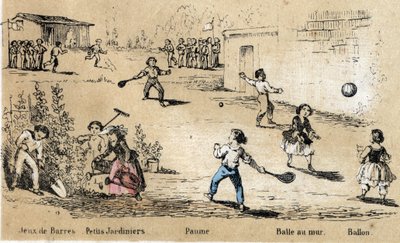 子供のレジャーやゲームの説明：ボールや球技（壁にボールを当てる、ヤシの木ゲーム）、ガーデニングなど。les Recreations instructives "の "les jeux de l