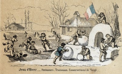 子供たちのレジャーと遊びの説明：冬のゲーム、スケート、そり、雪の建設。ジュール・デルブリュックによる「教訓的な娯楽」の中の「子供の遊び」の図、1860年の彫刻。個人蔵。 作： French School