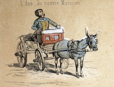 ロバの様々な製品や用途についての説明：この動物は旅の音楽家に同行しています。 ジュール・デルブリュックによる共観的な絵画、1860年のエングレーヴィング、"The instructive Recreations "の "The donkey and its products "というボードの詳細。プライベート 作： French School