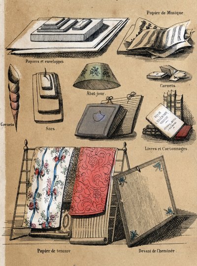 紙のさまざまな製品や用途についての説明：紙で作られたさまざまなもの（封筒、楽譜、バッグ、ランプシェード（ランプの笠）、ノートや本、壁紙）。プレート "Le papier et ses produits" in "les Recreations instructives" Syno 作： French School