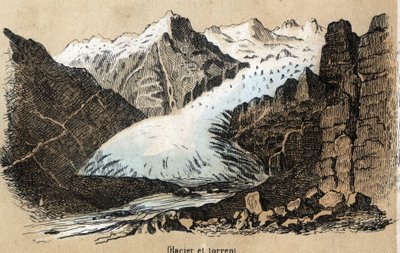 地理的条件によって異なるタイプの風景やレリーフの説明：山脈の氷河（または氷の海）を描いたディテール。les Recreations instructives」のプレート「Physical Geography」 ジュール・デルブリュックによるシノプティック画。 作： French School