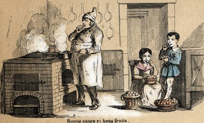 五感の描写：味覚の詳細、料理人がソースを味わい、子供が果物をパクパク食べる。ジュール・デルブリュックによる悲観的な絵画、1860年のエングレーヴィング、"Les Recreations instructives "のプレート "Les cinq sens"。個人蔵。 作： French School