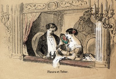 五感の説明：匂い、オペラ小屋の観客、花やタバコの香りを浴びる。ジュール・デルブリュックが描いた悲観的な絵画、1860年のエングレーヴィング、"Les Recreations instructives "のプレート "Les cinq sens"。個人蔵 作： French School