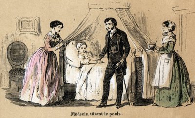五感の説明：触覚、病気の少女の脈を叩く医者。ジュール・デルブリュックが描いた悲観的な絵画、1860年のエングレーヴィング、"Les Recreations instructives "のプレート "Les cinq sens"。個人蔵。 作： French School