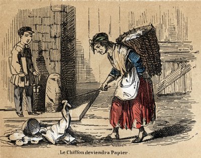 紙の様々な製品や用途についての説明：紙の元となる古い布切れの収集。Les Recreations instructives "の "Le papier et ses produits "のプレート ジュール・デルブリュックの悲観的な絵画、1860年のエングレーヴィング。プライベート 作： French School