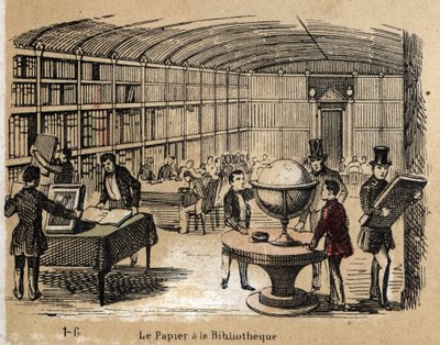紙の様々な製品や用途についての説明：紙の作品を集めた図書館の風景。ジュール・デルブリュックによる悲観的な絵画、1860年のエングレーヴィング、"les Recreations instructives "のプレート "Le papier et ses produits"。個人蔵。 作： French School