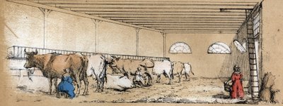 牛の様々な生産物と用途の説明：馬小屋から見た搾乳と牛の乳の生産。ジュール・デルブリュックが描いた悲観的な絵画、1860年に制作されたエングレーヴィング「教訓的な娯楽」の中の「牛とその生産物」のプレート。プライベート 作： French School
