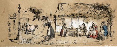 牛の様々な製品や用途の説明：村の日常生活の一場面。ジュール・デルブリュックが描いた悲観的な絵画、1860年のエングレーヴィング「教訓的な娯楽」の中の「牛とその生産物」。個人蔵。 作： French School
