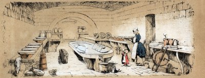 牛の様々な製品や用途の説明：チーズを作る酪農場の風景。ジュール・デルブリュックが描いた悲観的な絵画、1860年のエングレーヴィング「教訓的な娯楽」の中の「牛とその生産物」。個人蔵。 作： French School