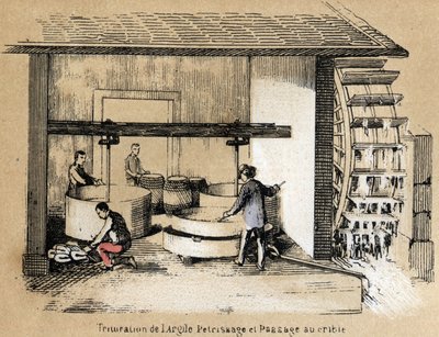 粘土の製造と使用の様々な段階の説明：粘土の粉砕、皮むき、選別。Les Recreations instructives "の "The clay and its products "の図版 ジュール・デルブリュック（Jules DELBRUCK）の共観図、1860年の彫刻。個人蔵 作： French School