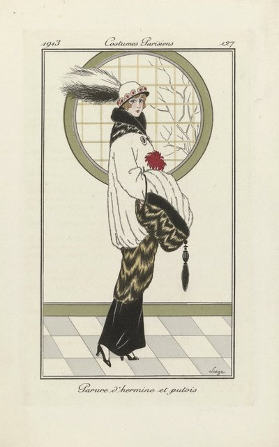 エルミンヌとポレキャットのアンサンブルのデザイン、『Costumes Parisien』1913年刊より（ポショワール版画） 作： French School