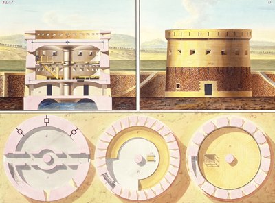 パリ郊外の要塞の設計-セントラルタワーの斜視図、断面図、3つの平面図、c.1813（紙に鉛筆でトイレ、ペン、色のインク）（273040も参照） 作： French School