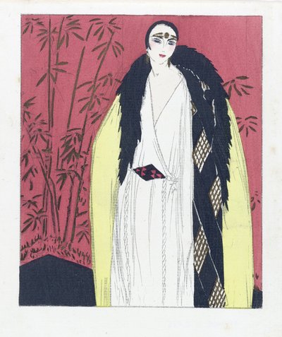 毛皮の縁取りケープ付きイブニング・ドレスのデザイン、pub.1924年（ポショワールプリント） 作： French School