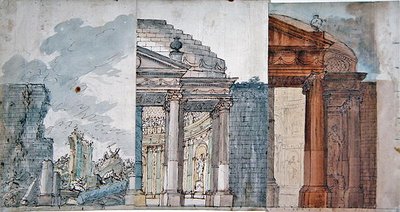オペラセットのデザイン 18世紀後半 紙にペンとインク、水彩画 作： French School