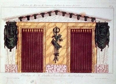 肉屋のファサードのデザイン（パリで最も装飾された商業施設を描いたシリーズより）1810年頃（カラーリトグラフ 作： French School
