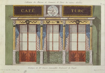 1810年頃、パリで最高の装飾が施された商業ビルを描いたシリーズからのカフェトゥルクのファサードのデザイン 作： French School