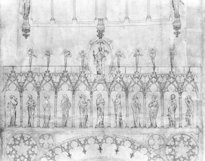 ストラスブール大聖堂の正面にある王のギャラリーのデザイン、1380年頃（紙にペンとインク、ガッシュ）（詳細）（207686を参照） 作： French School
