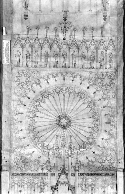 ストラスブール大聖堂の正面にあるバラの窓と王のギャラリーのデザイン、1380年頃（紙にペンとインク、ガッシュ）（詳細207685を参照） 作： French School