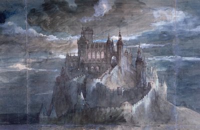 1884年のコメディフランセーズでのハムレットのパフォーマンスのためのステージカーテンのデザイン（ペンとインク、紙のトイレ） 作： French School