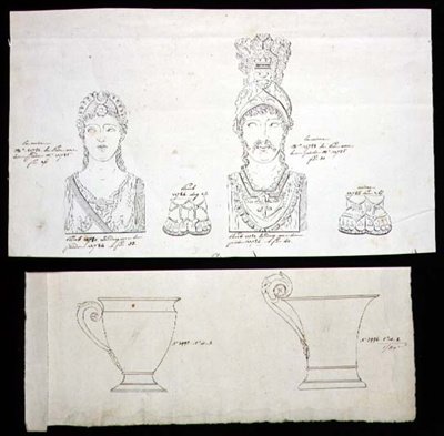 金銅製オルモル家具用マウントとフランス帝国磁器カップのデザイン 1820年頃（紙にペンとインク） 作： French School