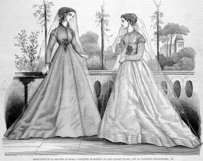 1867年9月29日の「La Mode illustrée」に掲載されたマダム・フラドリーのブライドル・ガウン2着。 作： French School
