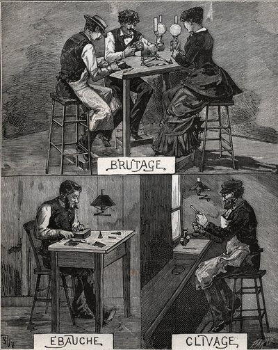 ダイヤモンドのカット、サウンド、ラフ、劈開。Adolphe BITARDの "Les arts et metiers illustres "に掲載された1885年のエングレーヴィング。 作： French School