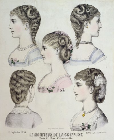 さまざまなヘアスタイル、Le Moniteur de la Coiffure、1880年のプレート 作： French School