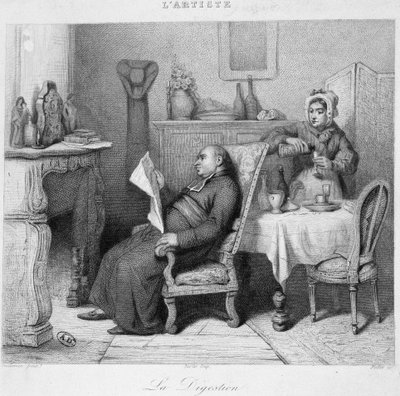 消化：神父が煙突の前で日記を読み、メイドが消化剤を出す - エングレービング 作： French School