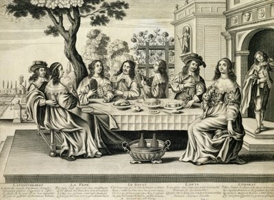 バルタザールモンコルネの彫刻が施された、下にある正式な庭園のあるテラスでの食事（c.1600-68） 作： French School