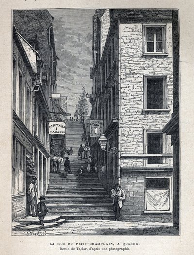 カナダを発見する。ケベック州のRue du Peute Champlain（プティ・シャンプラン）。写真をもとにテイラーが描いたもの。Eugene Gueninの「La nouvelle France」に掲載された19世紀末の版画。 作： French School
