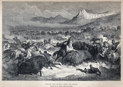 発見されたカナダ。スー族のバイソン狩り。カトリンの後にギュスターヴ・ドーアが描いたもの。19世紀末、ユージン・ギュナンの「La nouvelle France」に掲載された版画。 作： French School