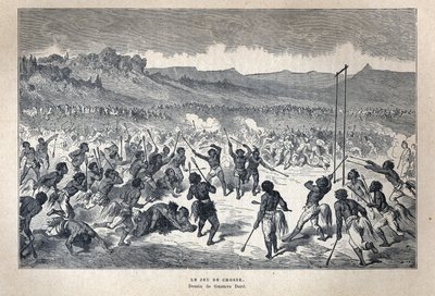 カナダを発見。スポーツ。アメリカインディアンのラクロスゲーム。Gustave Doreのドローイング。Eugene Gueninの「La nouvelle France」に掲載された19世紀末の版画。 作： French School