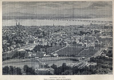 発見されたカナダ：1875年のモントリオールの街の風景。写真をもとにブノワが描いたもの。19世紀末、ユージン・ギュナンの「La nouvelle France」に掲載された版画。 作： French School