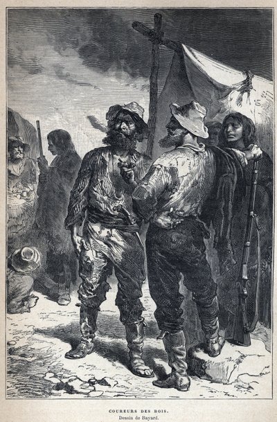 カナダから発見された：coureur des bois（アメリンド人との毛皮貿易に携わった）。バイヤードの絵。19世紀末、ユージン・グエナンの「La nouvelle France」に掲載された版画。 作： French School