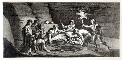 先史時代の動物の骨の発見、モンターニュサンピエールドマーストリヒトの自然史からのイラストバルテルミーフォーハドサンフォン（1743-1819）1799 作： French School