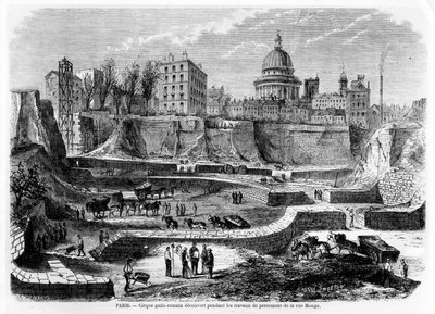 1869年、1870年にモンジュ通りの建設中にパリにあるガロロマン様式の円形劇場を発見 作： French School