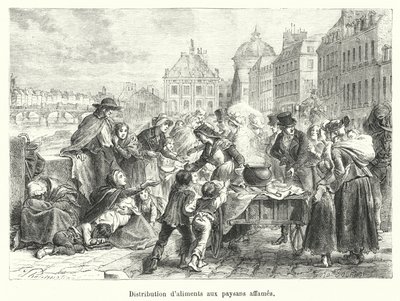 飢餓に苦しむ農民に食料を配布（彫刻 作： French School