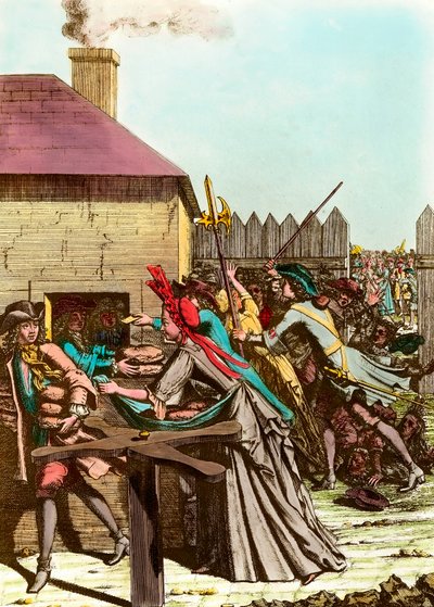 1709年、穀類の価格高騰と大飢饉を引き起こした大冬の後、ルーヴル美術館で行われた王のパンの配布。18世紀末のエングレーヴィング。個人蔵 作： French School