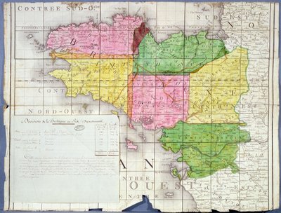 ブルターニュ地方の6つの県への分割、1789〜90年頃（カラーリトグラフ） 作： French School