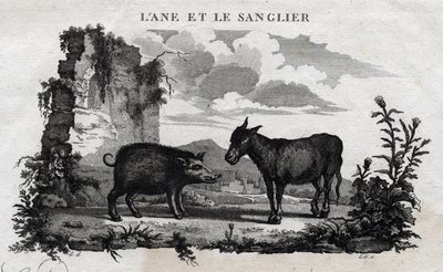 ロバとイノシシ。エソポの寓話。ギリシアの作家エソポまたはエコプス、紀元前6世紀）1801年にギョーム・モンフォールが書き、ボーブルがグラーヴした。 作： French School