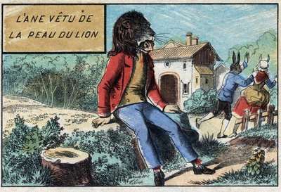ライオンの皮をかぶったロバ。ジャン・ド・ラ・フォンテーヌ(1621-95)の寓話。19世紀末のエピナルの画像。 作： French School